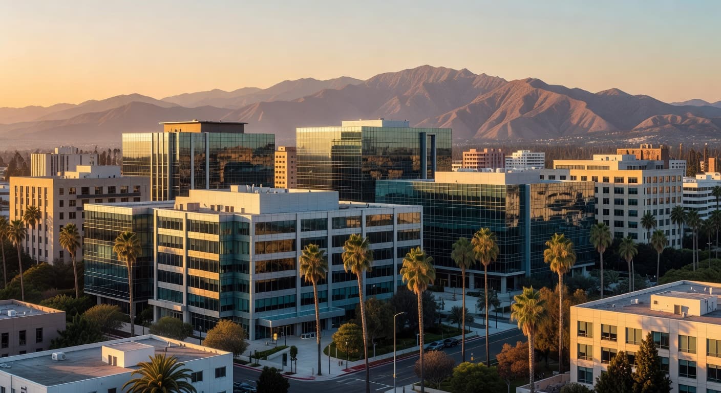 CS2K IT professionals collaborating in a modern Southern California office with natural light and palm trees visible